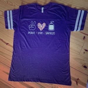 L.A.T purple shirt with peace, love, and sanitize
